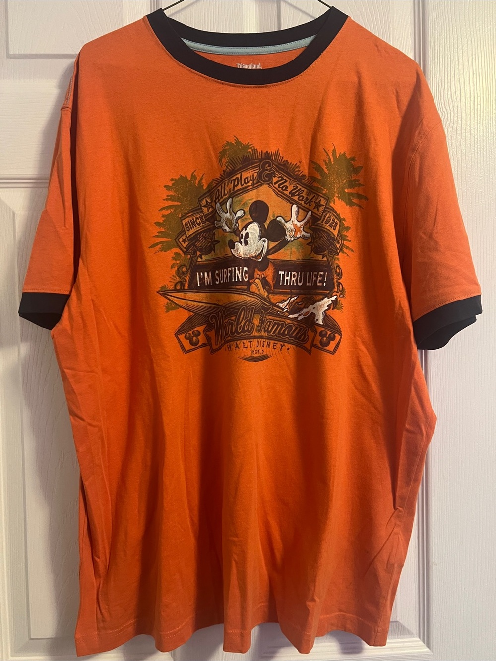 Disney Land Bright Orange Mickey Surf Graphic Tee with Black Trim